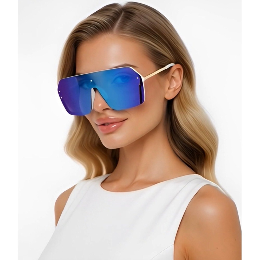 Oversized Shield Sunglasses Women Fashion Blue Mirrored Flat Single Lens Trendy